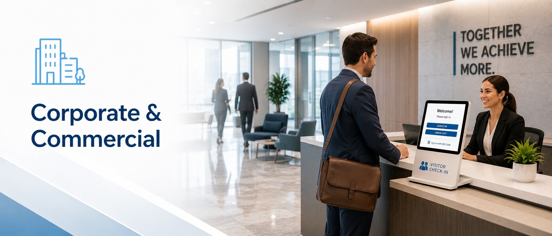 Corporate office lobby visitor check-in kiosk