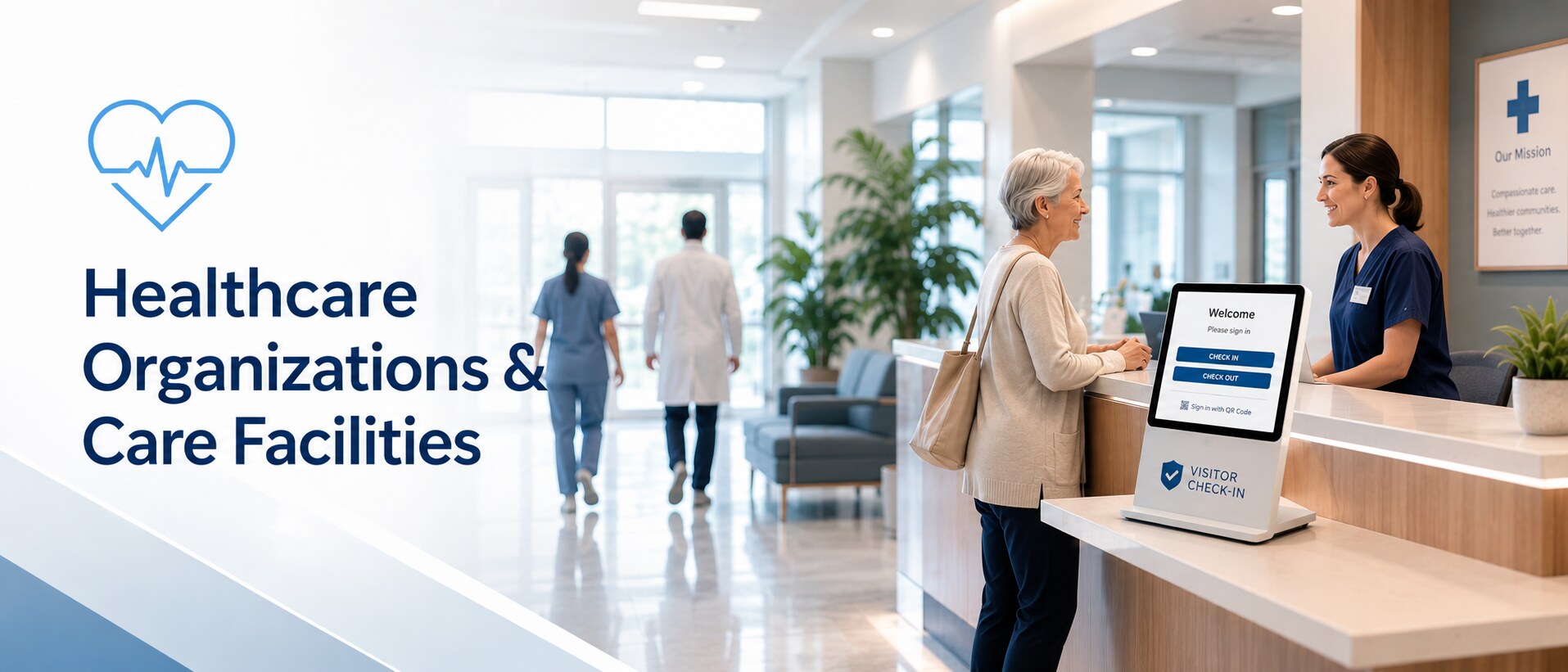 Healthcare visitor check-in kiosk in a care facility lobby